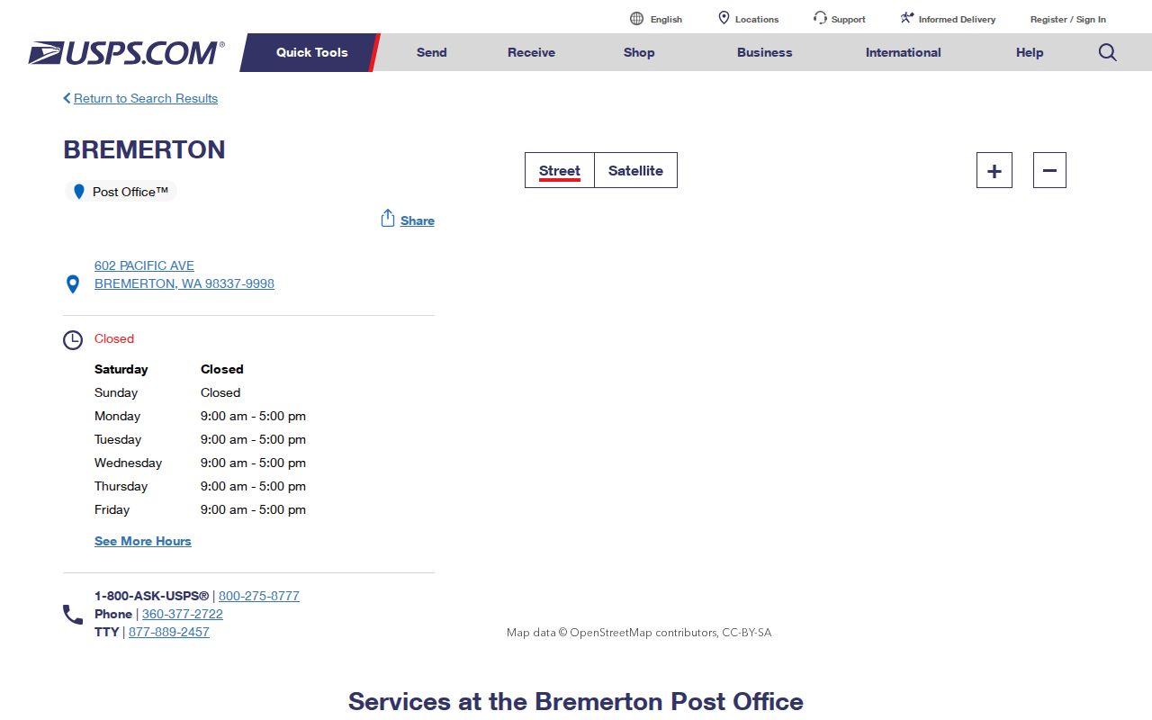 Bremerton ZIP code directory view of the Pacific Avenue Post Office