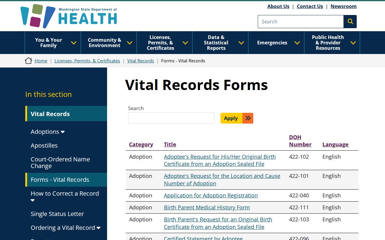 Washington vital forms for a Bremerton resident lookup